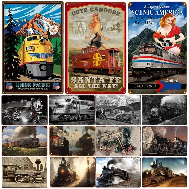 Vintage Metal Tin Poster Train Retro Metal Tin Signs Posters Plate Wall Decor for Bar Restaurant Cafe Clubs Retro Plaque