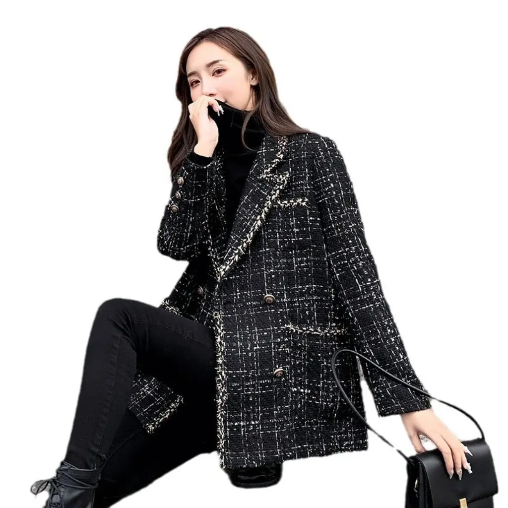 

Women's Celebrity Tweed Style Plaid Suit Jacket Autumn Winter Fashion Small Collar Trendy Top for Daughters