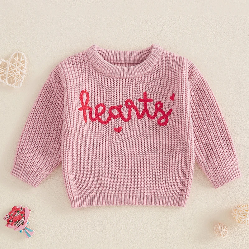 

Baby Girl Sweet Sweater Long Sleeve Crew Neck Letters Heart Winter Warm Knit Pullover Sweater Valentine’s Day Clothes