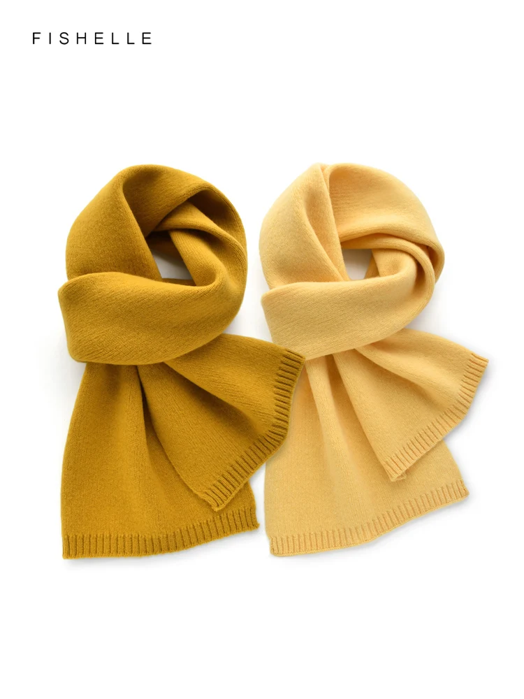 New Solid Ginger Yellow Women\'s Pure Wool Short Scarf Winter Soft Thickened Warmth Knitted Female Wool Scarves Adults Gifts