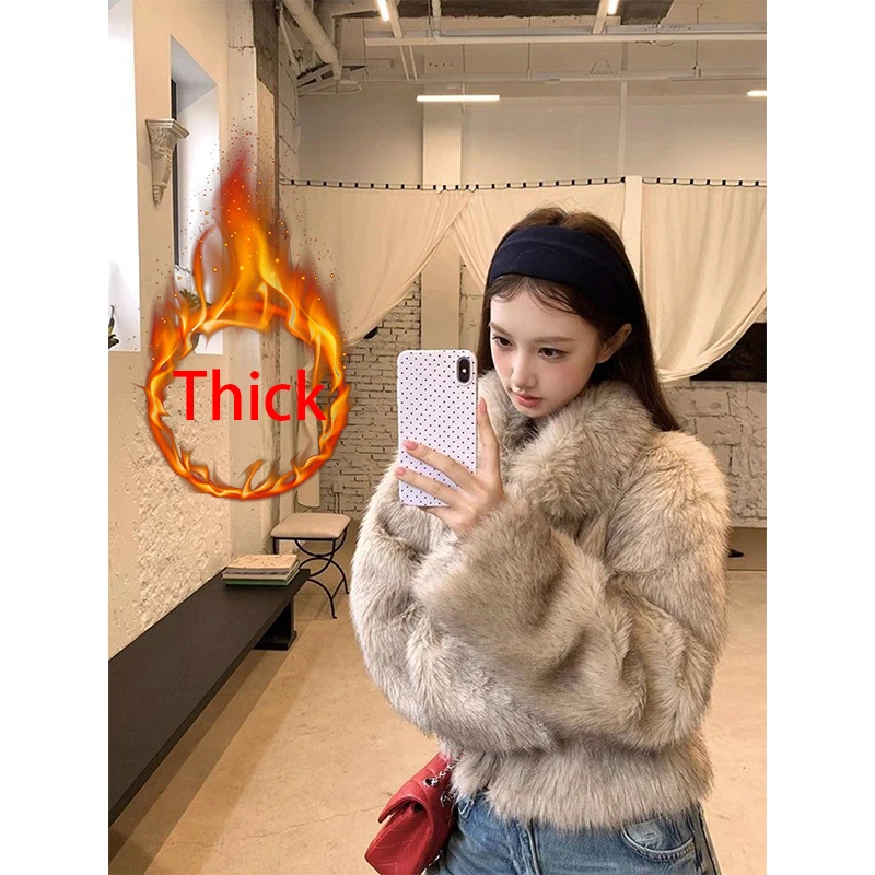 Cropped Faux Fur Coat Women Fashion Streetwear Quilted Fluffy Jacket Winter Korean Elegant Long Sleeve Zipper Furry Outerwears