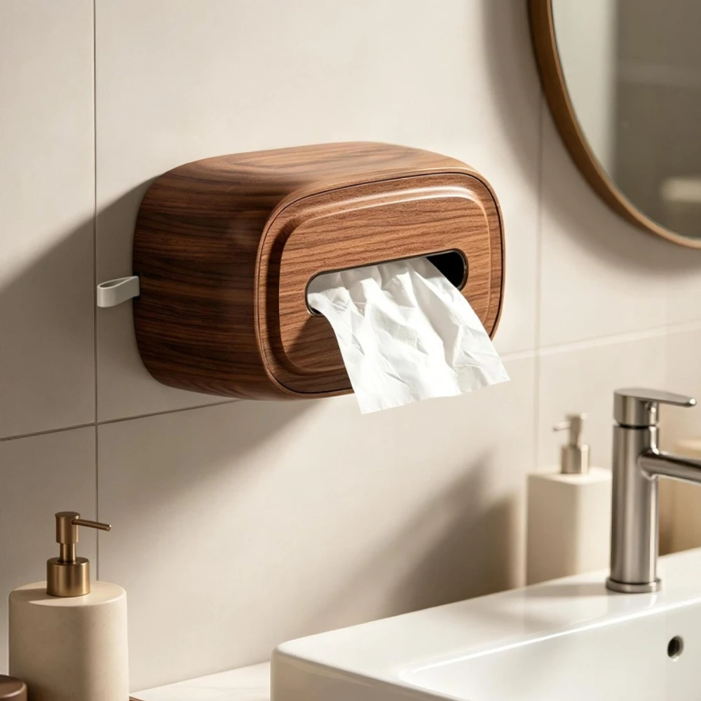 Wood Grain Tissue Box Wall Mounted Desktop Dual‑Use Napkin Holder Spring‑Loaded Paper Dispenser Home Bathroom Kitchen Storage
