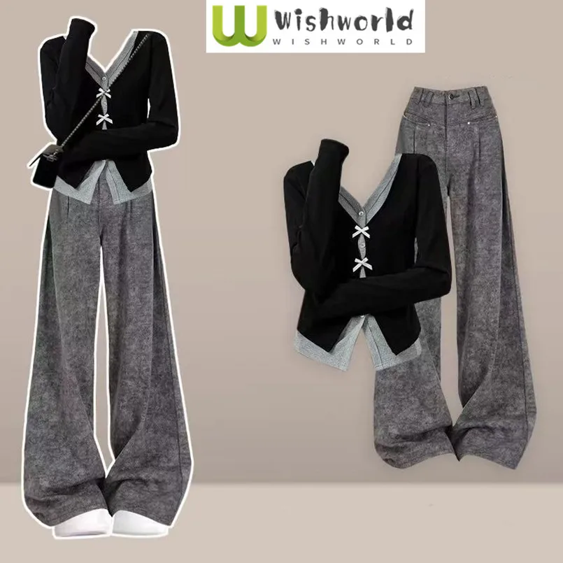 

A complete set of ladies' style outfits for spring and autumn featuring a slimming top and wide leg casual pants Two piece set