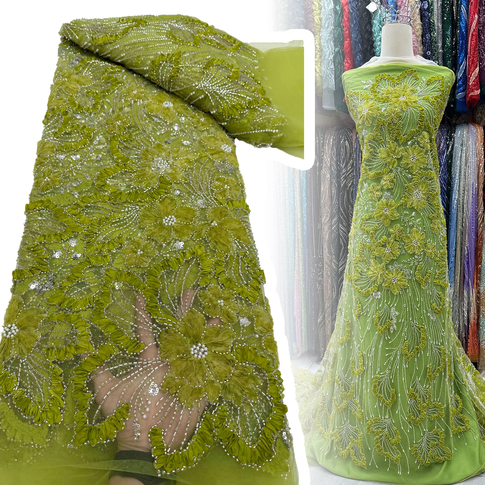 Neuester nigerianischer Perlen-3D-Spitzenstoff, 2026 hochwertiger afrikanischer Pailletten-Spitzenstoff, geeignet für Hochzeitskleid-Nähmaterial