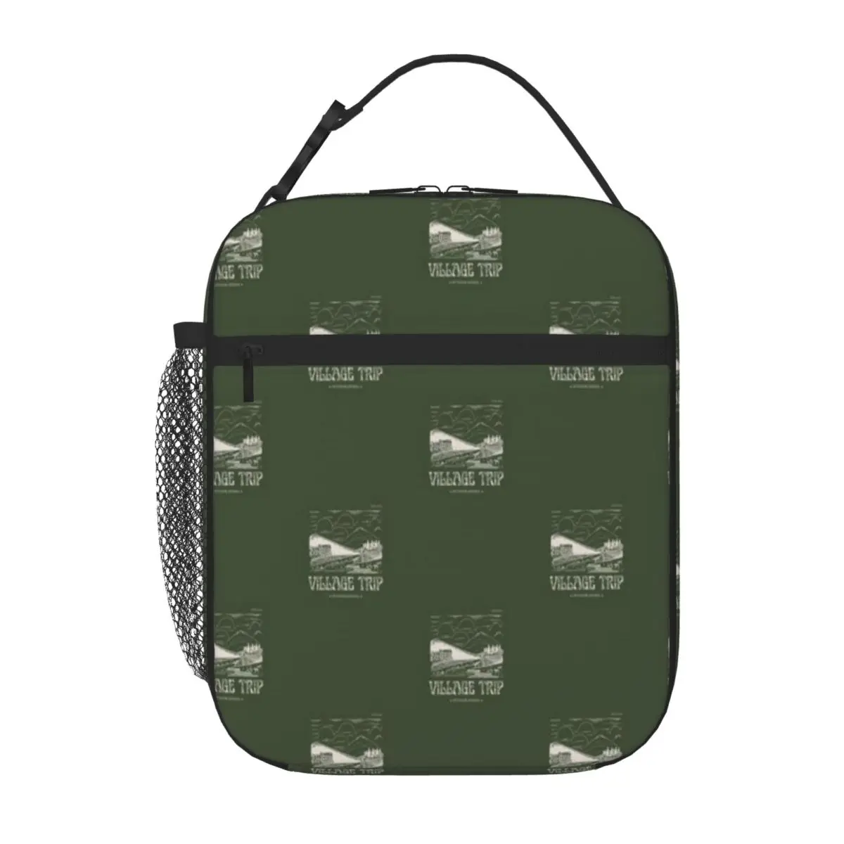 Hot Sale VILLAGE TRIP - OUTDOOR APPAREL Green Background Boho Commuter Lunch Bag Hiking Snack Meal Prep Bag