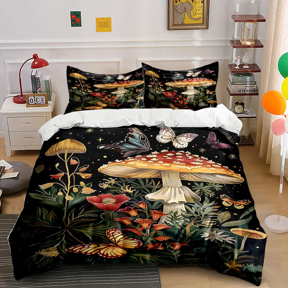 Vibrant mushroom grove with fluttering butterflies Print Bedding Set 1 Duvet Cover 2 Pillowcases for Adult and Children Gift