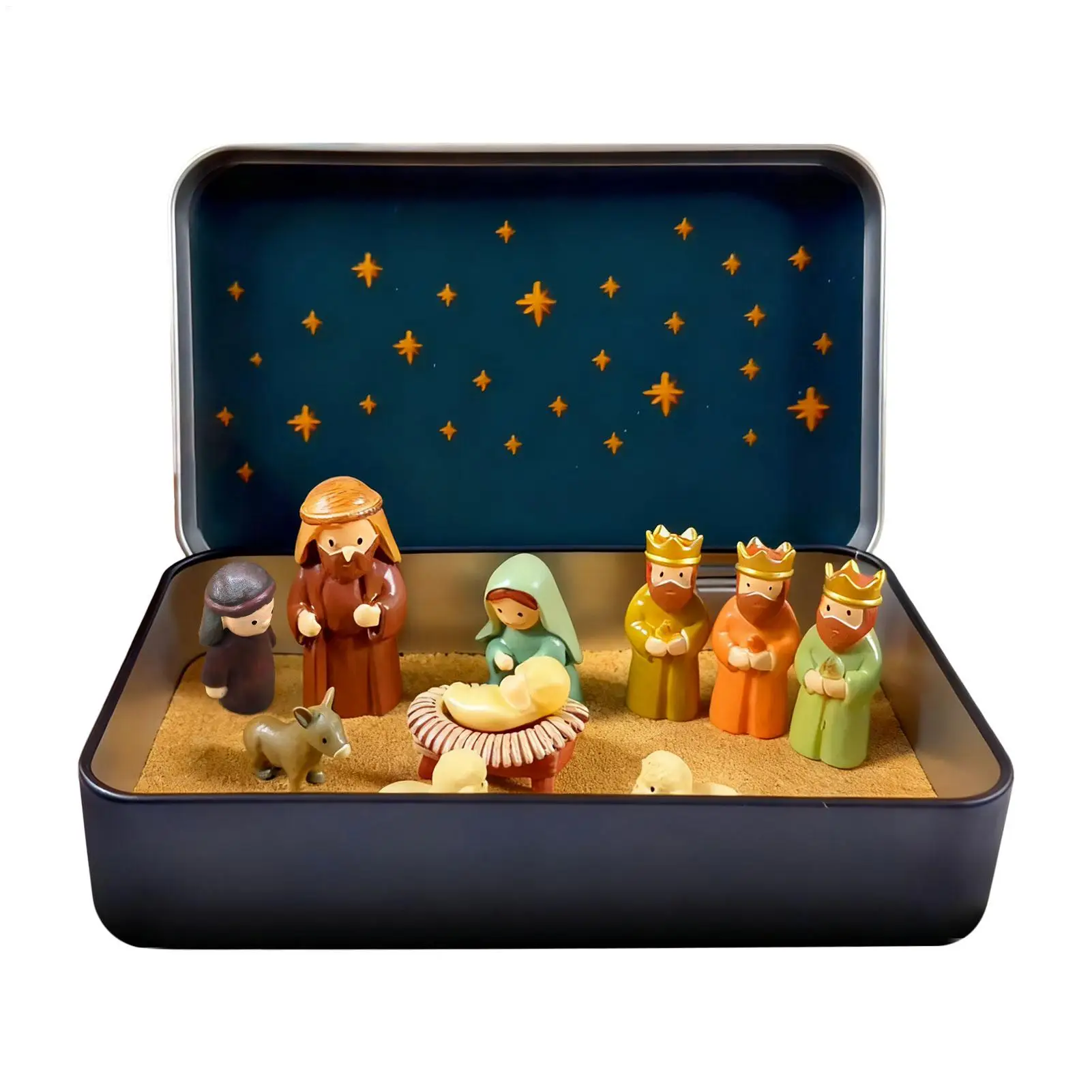 Conjunto de presépio de natal em uma caixa de lata, conjunto de presépio de bolso artesanal, exibição de família sagrada, pequena ornamental religiosa