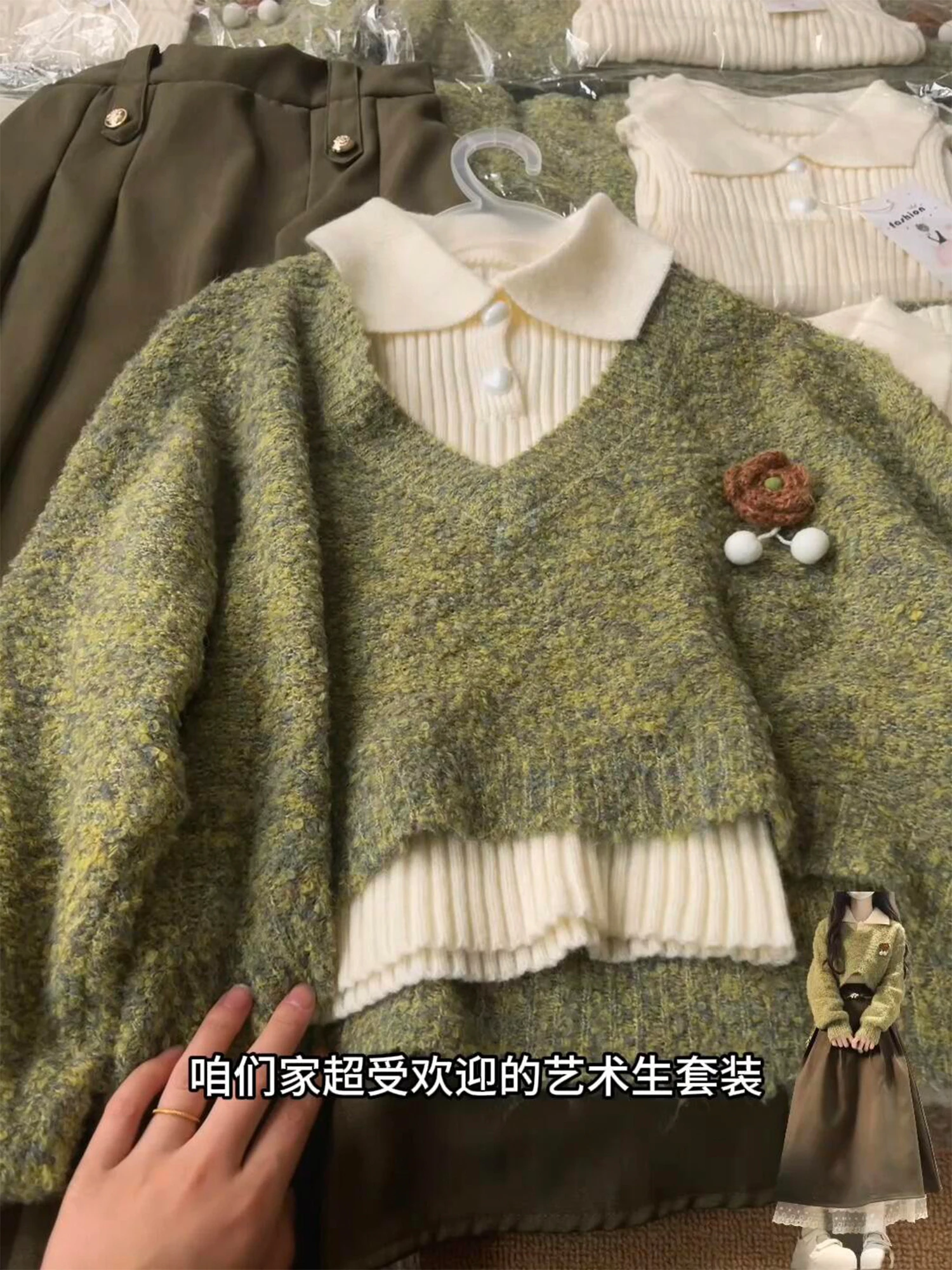

Women Green Pullover Sweater Fake Two Pieces Vintage 2000s Y2k Preppy Style Cropped Jumper Knitwear Long Sleeves Sweater Autumn