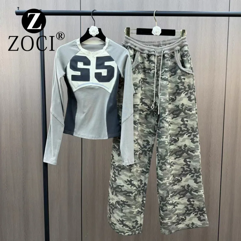 [ZOCI] 2024 Autumn Winter Round Neck Long Sleeved Zipper Digital Sweater Paired Camouflage Velvet Casual Pants Set