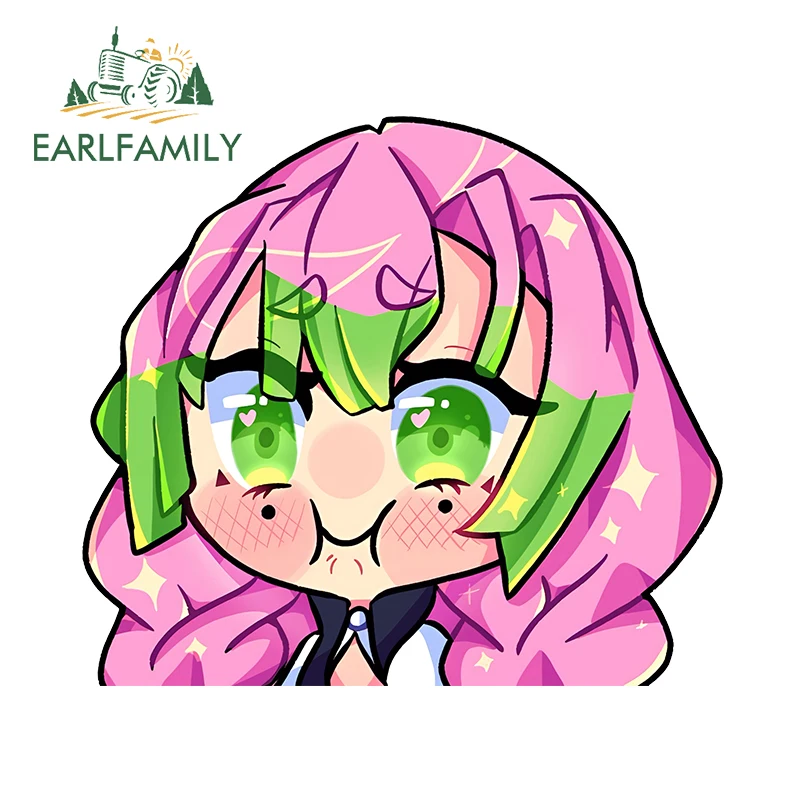 EARLFAMILY 13cm x 11.6cm Mitsuri Kanroji Peek Chibi Car Stickers Demon Eat Anime Kawaii Head Decals Amusing Car Accessories