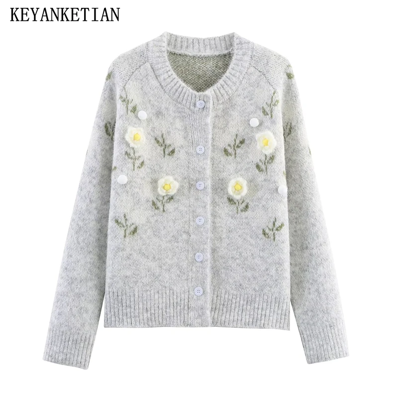 

KEYANKETIAN Autumn And Winter New Women's Round Neck Jacquard Three-dimensional Flower Knitted Cardigan Women Sweater Jacket