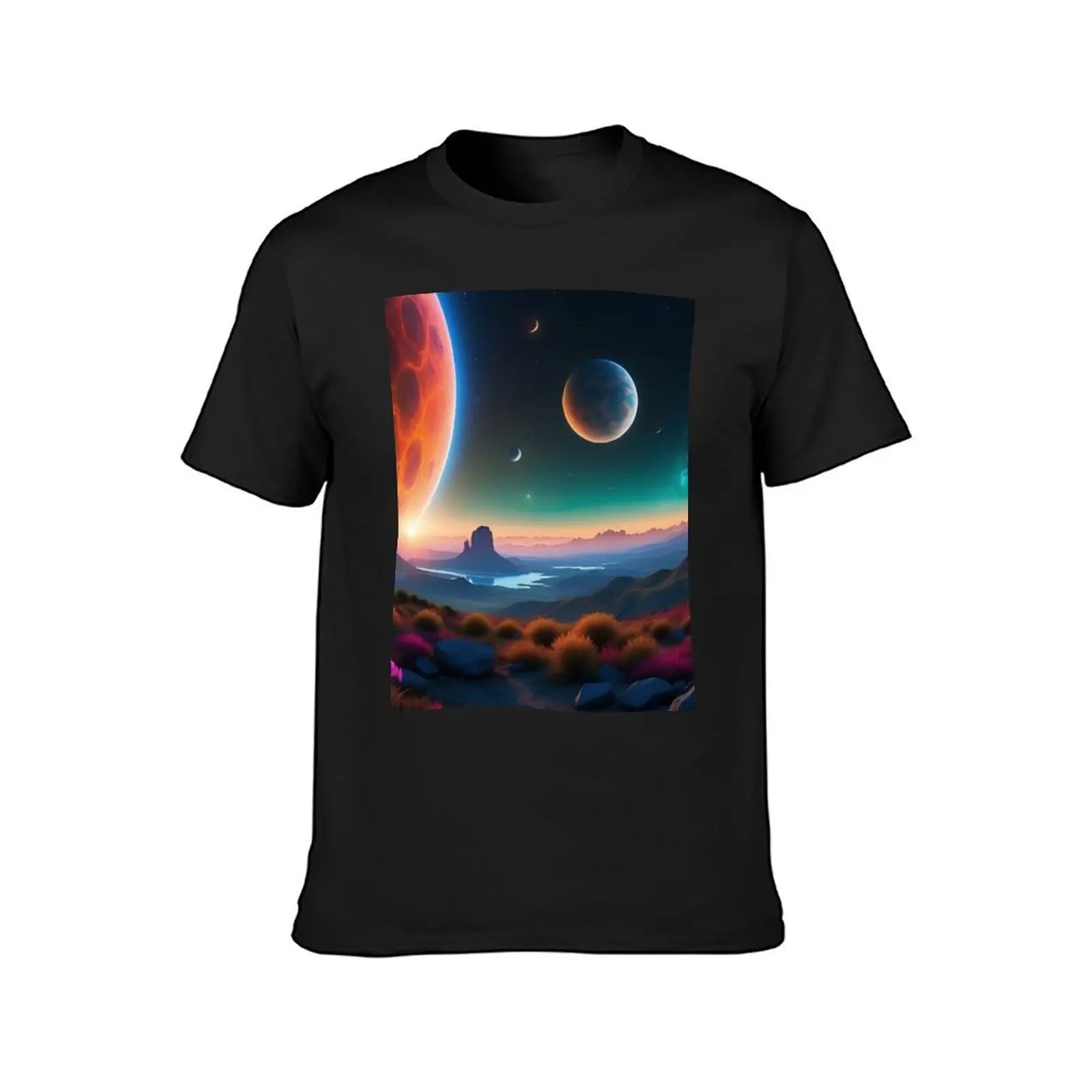 Twilight Harmony: Floral Foreground Meets Cosmic Spectacle T-Shirt quick drying plus sizes blanks sports fans men clothing