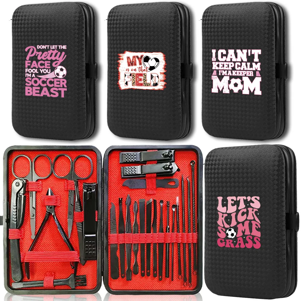 24 in 1 Nail Clipper Set Black Stainless Steel Manicure Pedicure Kit Multi-Purpose Grooming Tools Soccer Text Pattern