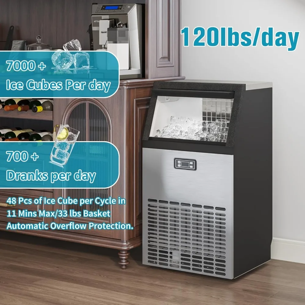 120 pound/24-hour commercial ice maker, 48 cubes/11 minutes, 33 pound ice storage capacity, counter ice maker self-cleaning