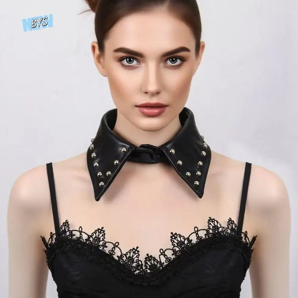 

Cool Detachable Black Leather Fake Collar Pu Nail Beaded Rivet Collar Gothic Style Stand Collar Punk Style Collar Cardigan