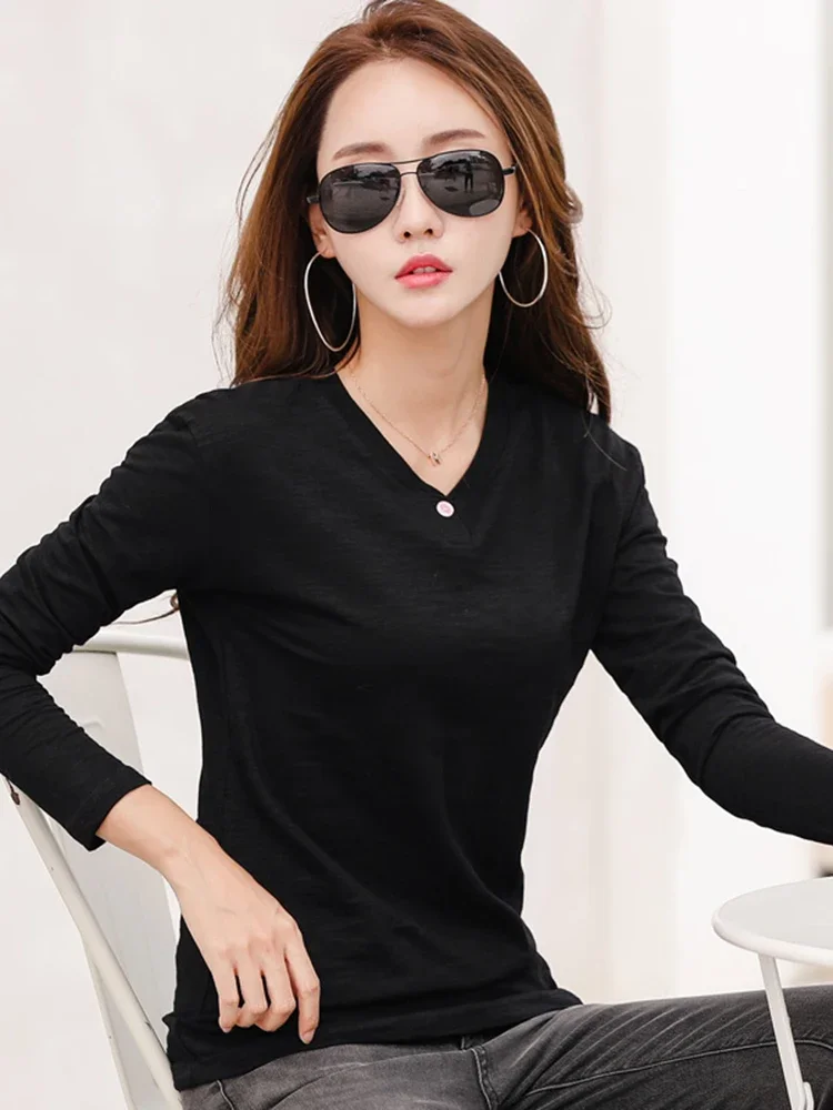 2025 Coffee Korean Soft Loose Tops Long Sleeve Autumn Winter Women Slub Cotton T Shirts Female Button V-Neck Solid Color T-shirt