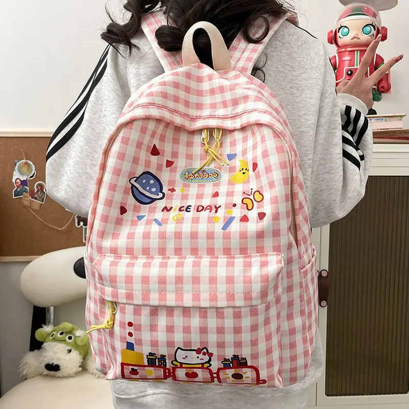 MINISO Nylon Backpack for Women Girls Waterproof Cartoon Print Cute Hello Kitty Students Large Capacity School Bag Casual Chic