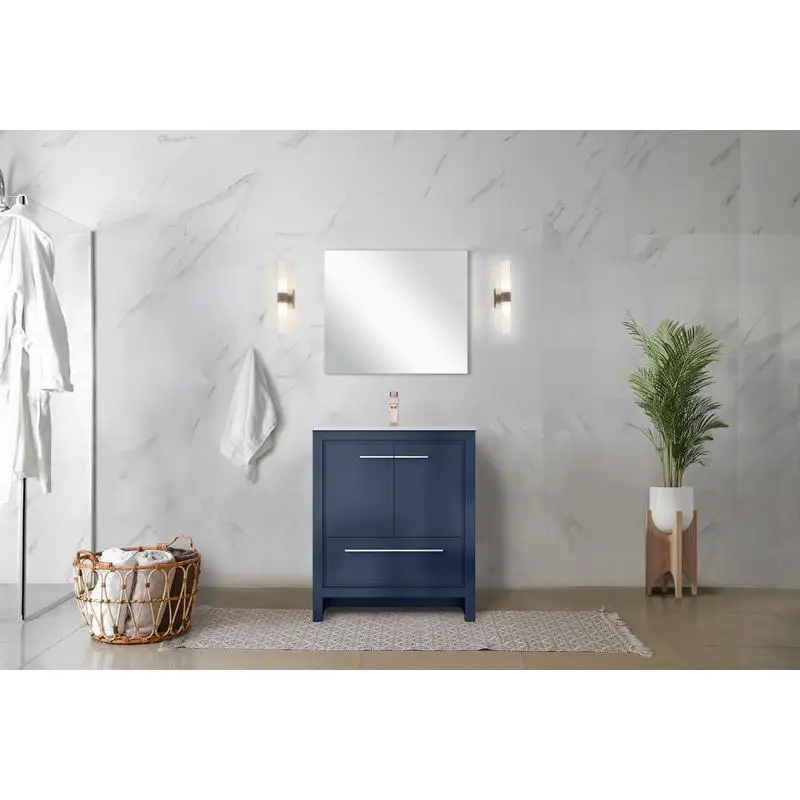 حمام باللون الأزرق الداكن مقاس 30 بوصة مع عمق 20 بوصة، سطح من الرخام المزروع ومجموعة صنبور ذهبي وردي للحمامات الحديثة #3