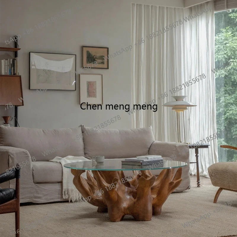 

Z136 Root carved glass coffee table\ wabi wind living room creative hotel solid wood black round tea table