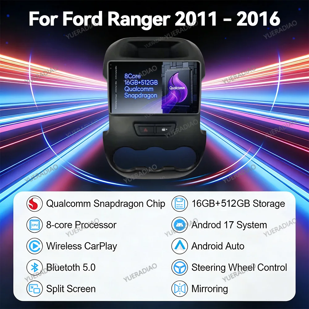 Android 17 Car Radio For Ford RANGER F250 2011 - 2016 Head Unit BT 2DIN 4G WIFI Qualcomm QLED Multimedia Stereo Video Player