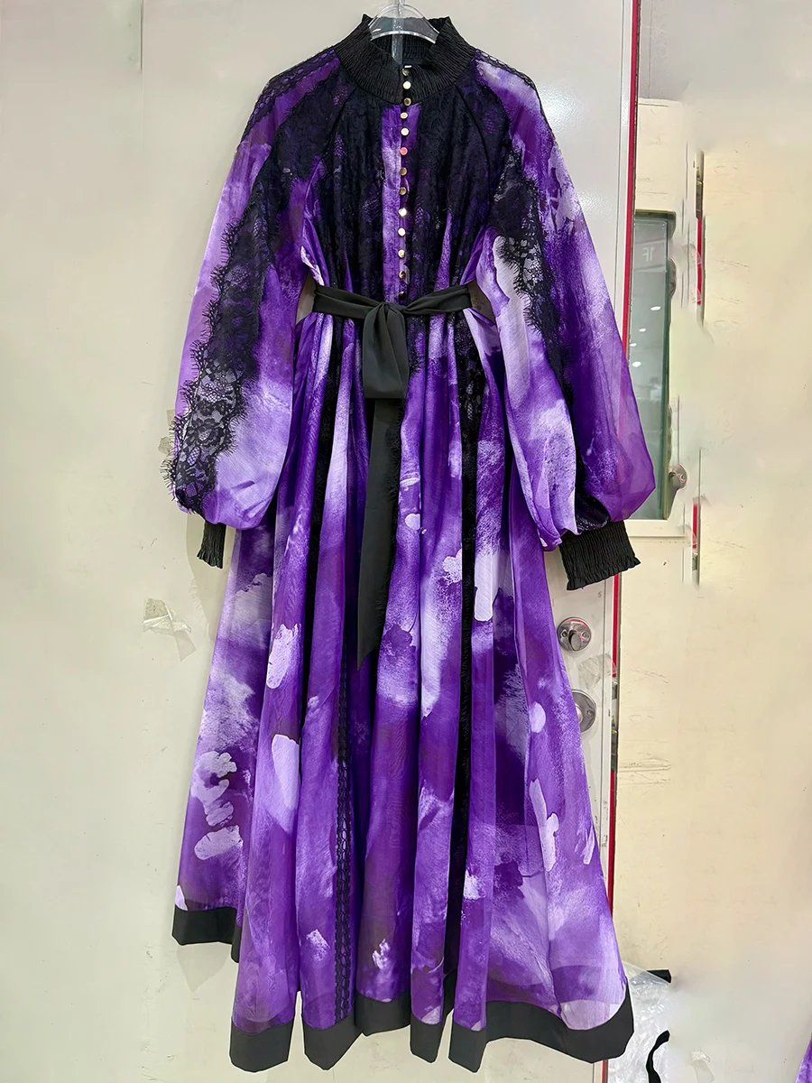 TWOTWINSTYLE Hit Color Sheer Spliced Lace Elegant Dresses for Women High Neck Long Sleeves Patchwork Belt Fashion Dress Female