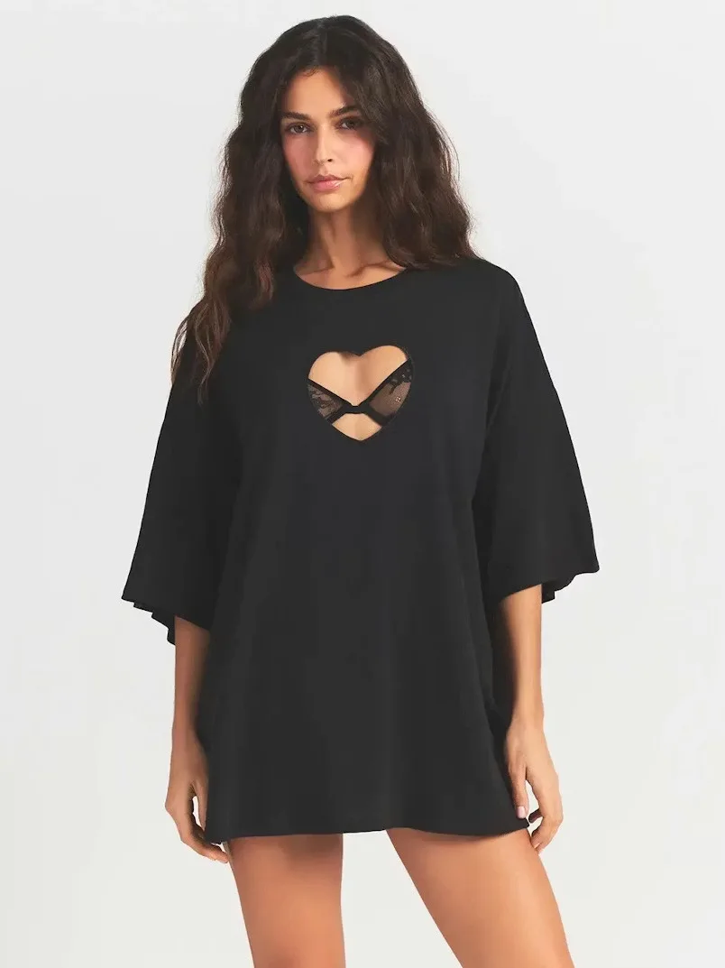 

Valentine's Day Limited Heart Shaped Hollow out Short Sleeve T-Shirt And Straight Leg Pants Casual Set Women's Fashion