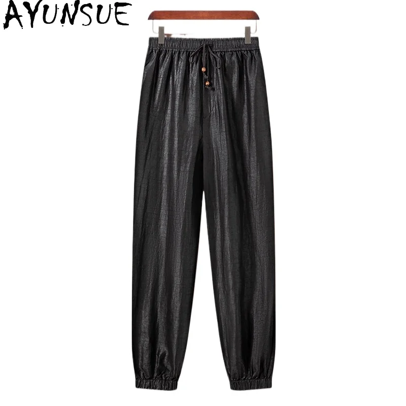AYUNSUE High Quality100%Real Mulberry Silk Pants Man Luxury Summer Watered Gauze Pants Trousers Elastic Waist Sport Cuffed Pants