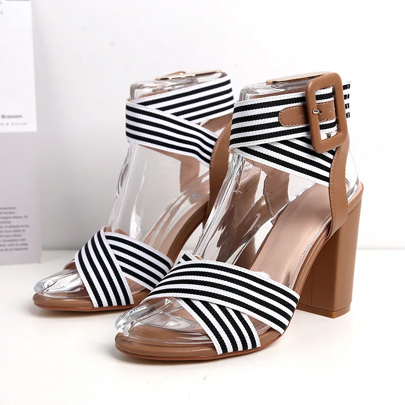 Women Sandals Ankle Strap High Heels Open Toe shoes woman stripe straps Sandals High Stiletto block Heel Sandal plus size