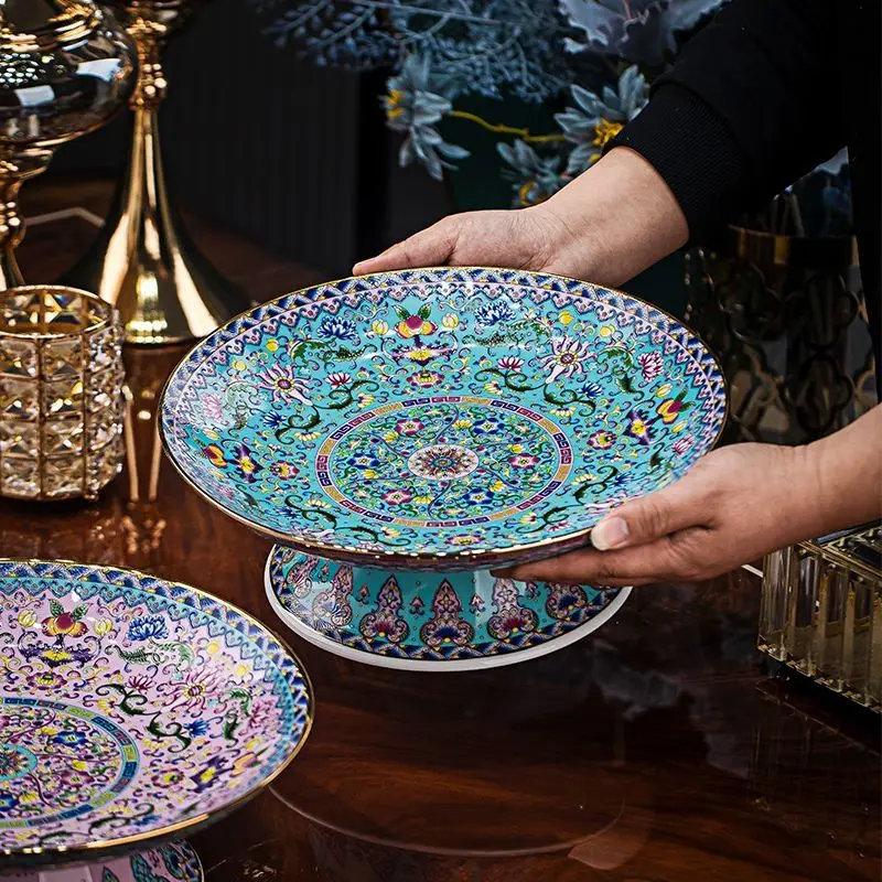Enamel color Chinese bone china household high-footed fruit plate ceramic extra large