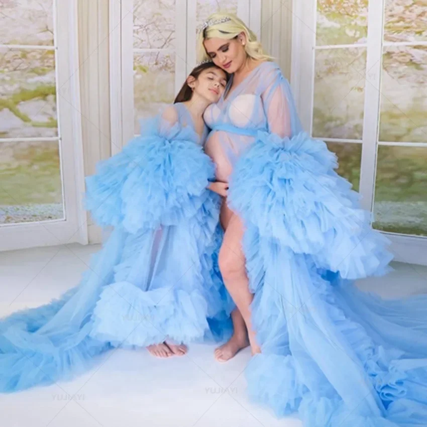 Mommy and Me Matching Dress for photogriot Puffy Tulle Ruffles vestaglia premaman madre figlia Family Look Party Prom Gown