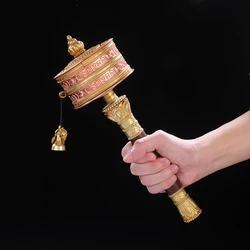 Copper Hand cranked prayer wheel, Mantra of Avalokiteshvara Green Tara Scripture Tube, Household Buddhist prayer ornaments