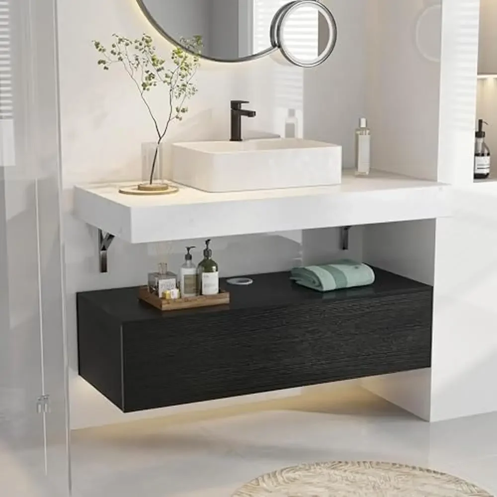 40 Inch Dual-Countertop Floating Bathroom Vanity with Sink and Hidden Storage Wall Mounted Cabinet with Sintered Stone Top