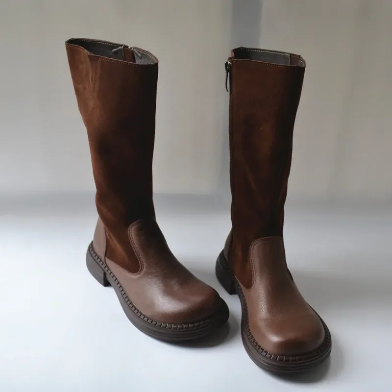 Nose Long Boots Genuine Leather Knee-high Wide Toe Knight Boots Retro Lolitason Long Single Boots Automn Winter Women's Shoes