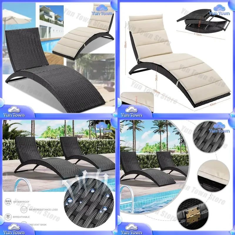 for Luxury Modern Foldable Outdoor Beach Swimming Pool Furniture Plastic Rattan Sun Lounger Chair with Cushion patio lounge