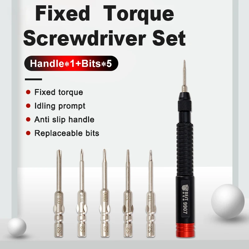 

BST-9907 Набор отверток с фиксированным крутящим моментом, 1 шт., противоскользящая ручка + 5 шт. Сменные биты S2 для ремонта различных электроники