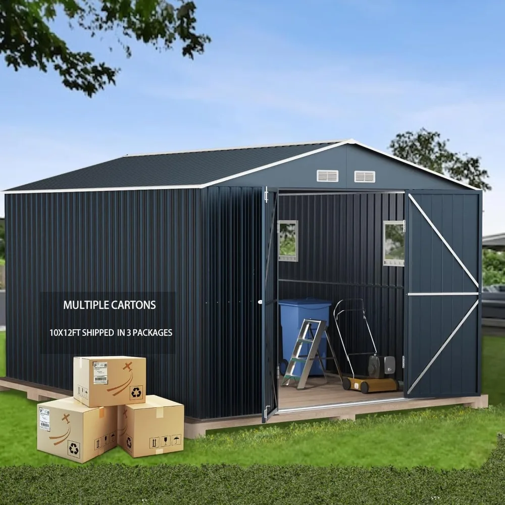 10X12X7.5 FT Outdoor Steel Storage Shed with Lockable Doors, 2 Windows, Transparent (Wood Panels & Frame Floor Not Included)