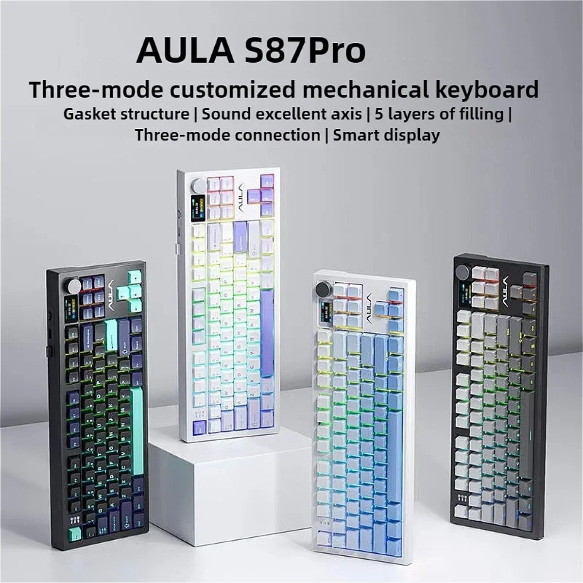 Gaming Mechanical Keyboard AULA S87Pro Tri-mode RGB Hot Swappable Gasket RGB Wireless Keyboards with Display Gaming Accessories