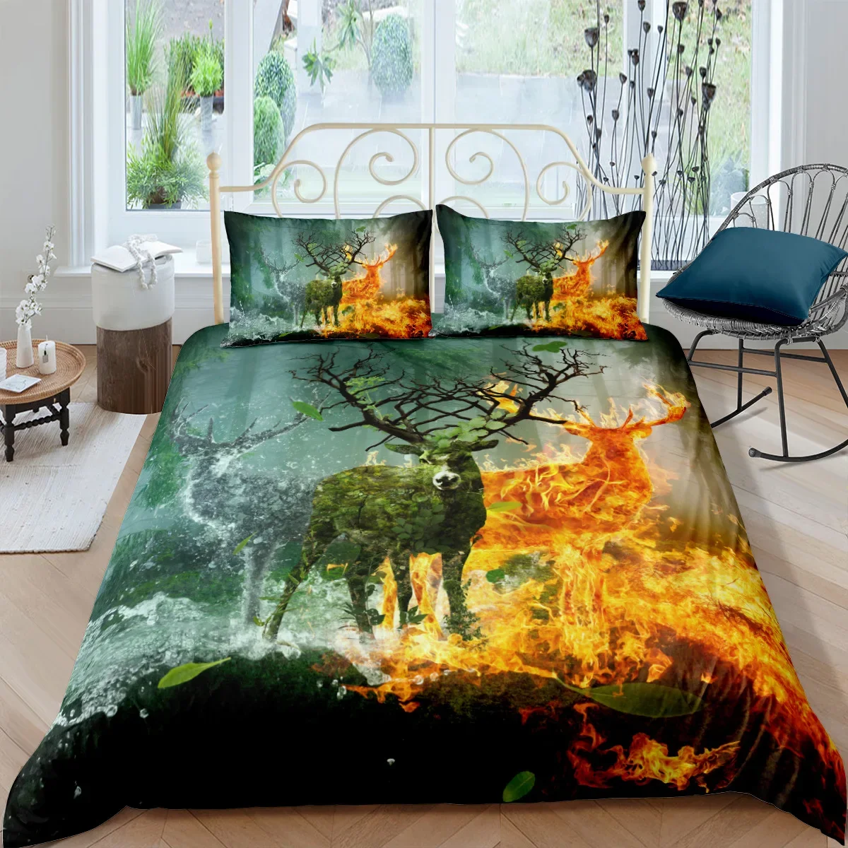 Deer Duvet Cover King/Queen Size Wildlife Bucks Fire Pattern Print Bedding Set Adults Men Brown Elk Animal Polyester Quilt Cover
