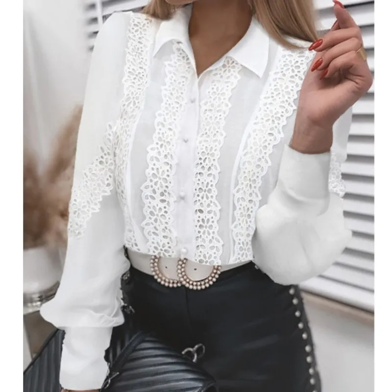 2024 New Women\'s Spring And Autumn Fashion White Lace Spliced Long Sleeved V-neck Hollow Out Shirt Office Lady Button Blouse Top