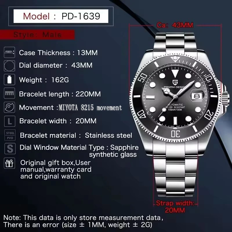 2026 PAGANI DESIGN 43mm Men's Watches Sapphire Glass Mechanical Stainless Steel Waterproof 100M Automatic Watch For Men PD-1639