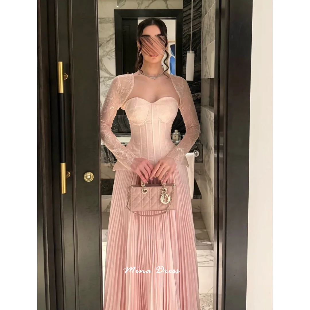 

Mina Customized Pink Luxurious Women's Evening Dresses for Special Occasions Embroidery Luxury Party Dress Pleated Long Sleeves