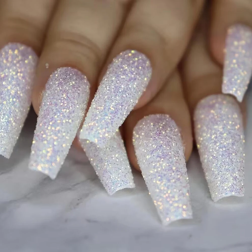 24 faux ongles en poudre de sucre scintillante, forme trapézoïdale, longs, à presser, couvrant entièrement l'ongle, pour mariage