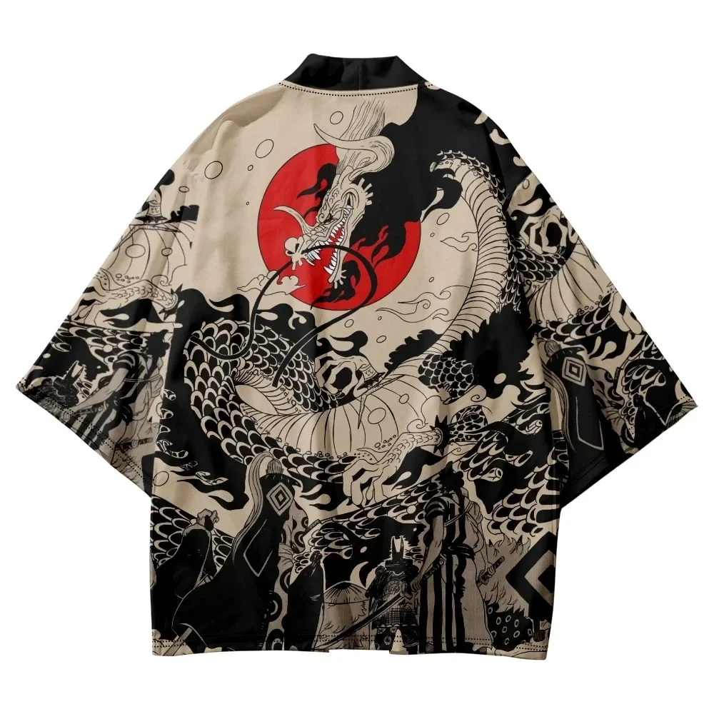 Kimono Samurai tradisional baju kardigan wanita Haori Cosplay gambar naga Anime Jepang untuk pria dan wanita jubah musim panas