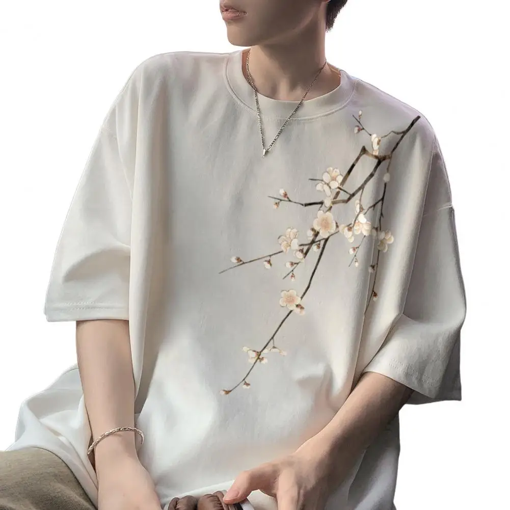 Summer Men Top Men Floral Print T-shirt Chinese Style Plum Blossom Pattern Men\'s T-shirt with Half Sleeve Crew Neck for Couples