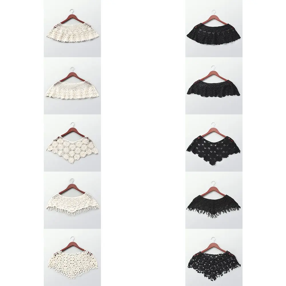 ผู้หญิงอุปกรณ์เสริม Vintage Hollow Out พู่ลูกไม้เสื้อกั๊กถักโครเชต์ Cape Shawl Poncho ปลอม