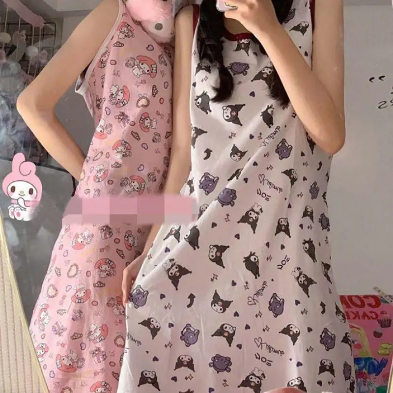 Hello Kitty Nightgown Kawaii Sanrio Long Skirt Pajamas Anime Cartoon Kuromi My Melody Loose Comfortable Girls Sister Home Wear