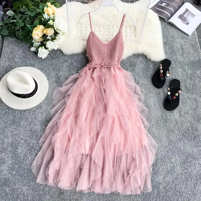 Nichedress Knit V-neck Open-back Layered Tulle Cake Skirt Tank Dress French Style Sleeveless Casual Fashion For Women