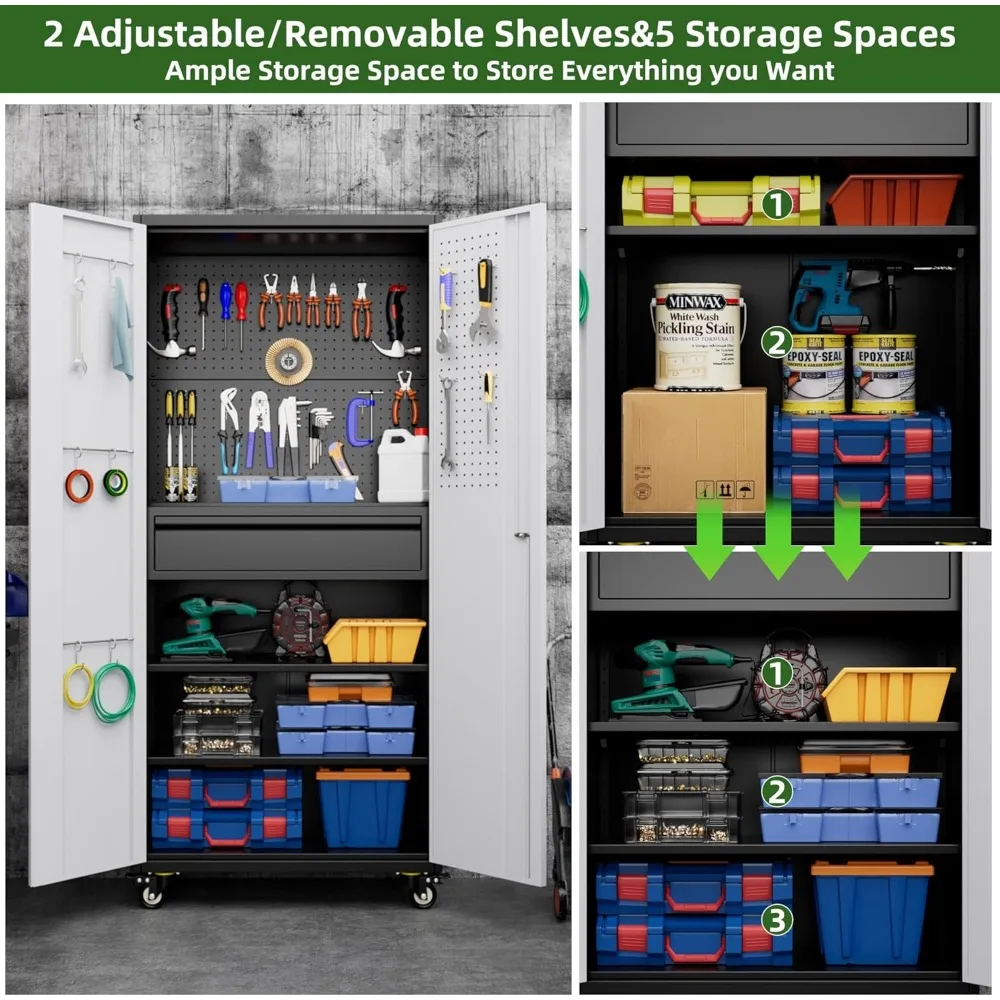 Garage Storage Cabinet with Wheels, Metal Tool Storage Cabinet with 1 Drawer for Home Office Storage,Assembly Required