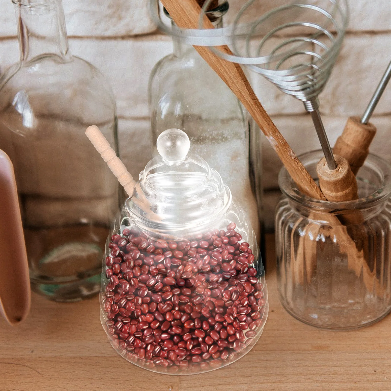 

1Set Glass Storage Jar Clear Honey Dispenser Smooth Surface Stirring Rod Kitchen Honey Pot Container Transparent Syrup Dispenser