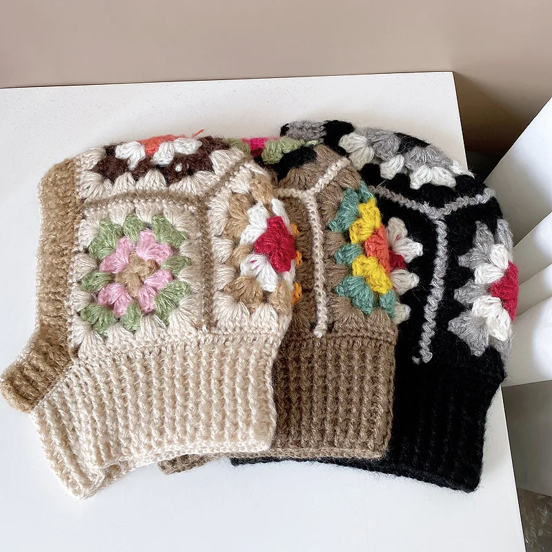 

2023 Korean Handmade Crochet Balaclava Hats for Women Autumn and Winter Wool Knitted Pullover Beanies Cap Neck Hooded Caps